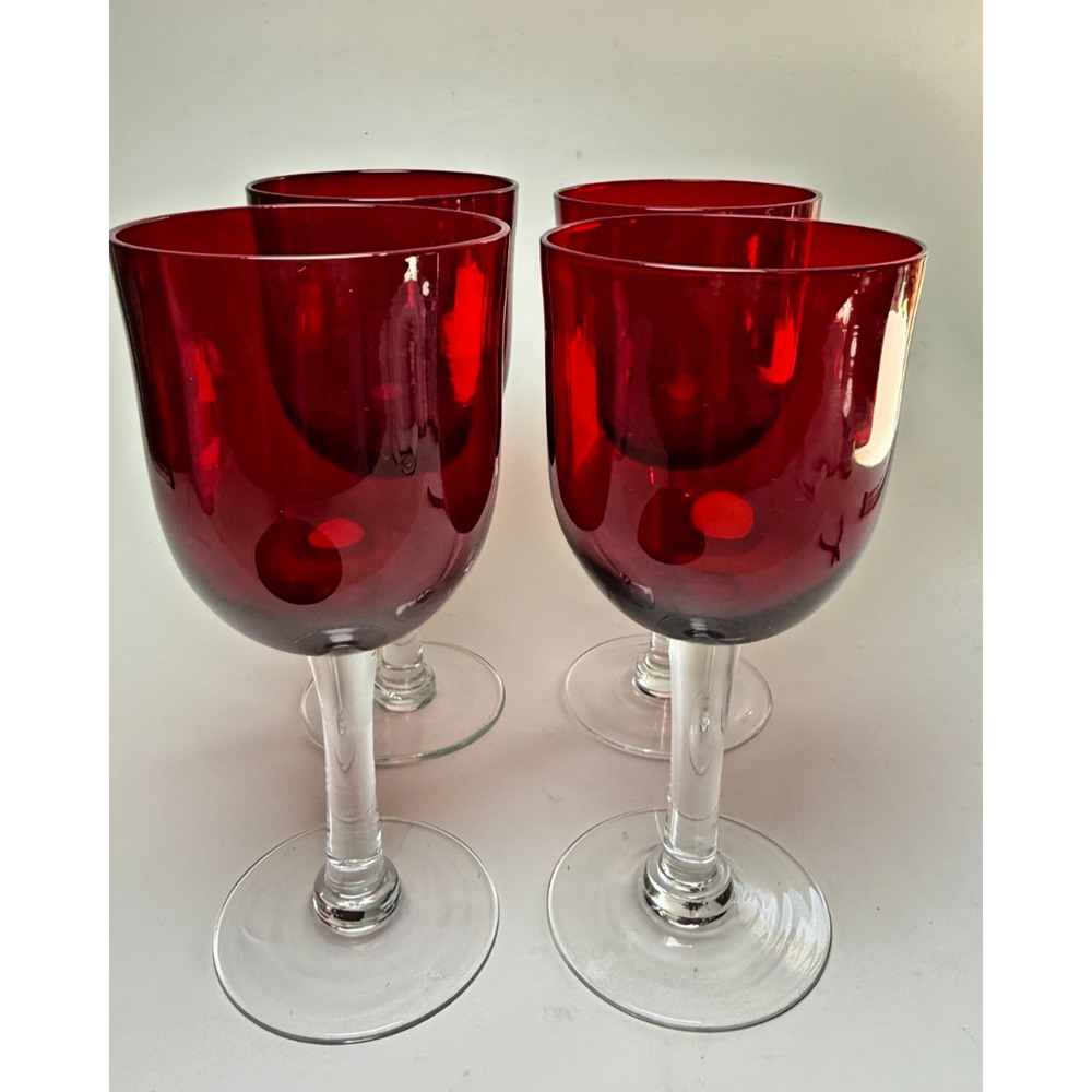 Ruby Red Hand Blown Goblet Wine Glasses Set of 4 Clear Glass Stems Vintage Bar